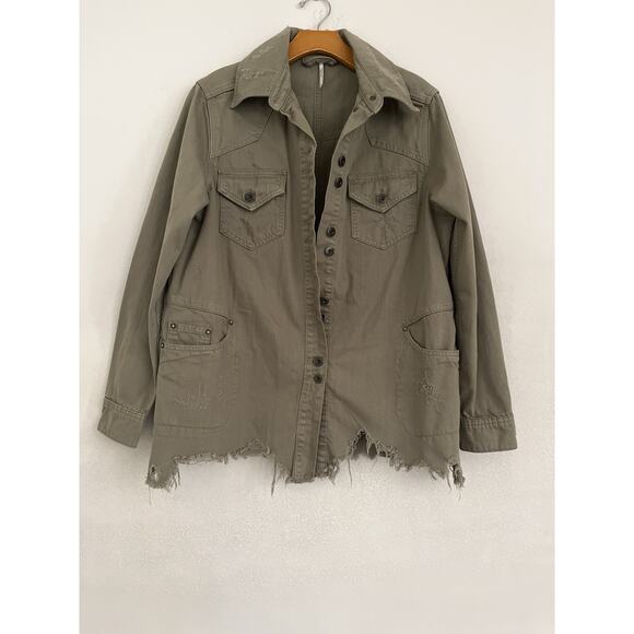 Free People Moon- Child Shirt Jacket Women XS Green Distressed Relaxed Army - Picture 1 of 9